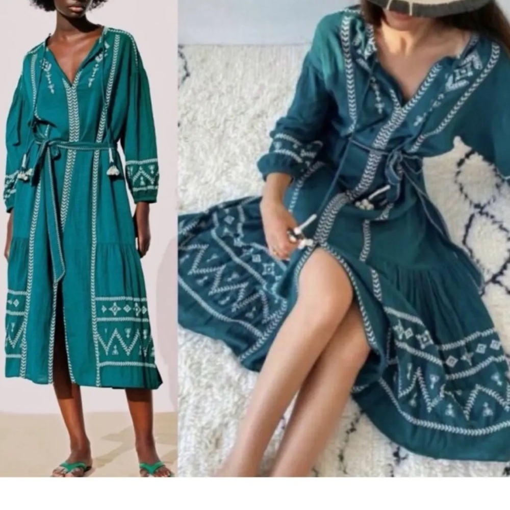ZARA MIDI EMBROIDERED DRESS POMPOMS GREENISH TEAL MEDIUM 5107/051